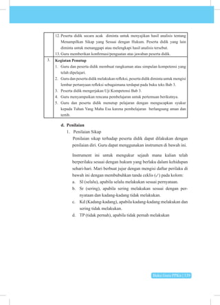 Buku Guru PPKn | 139
12. Peserta didik secara acak diminta untuk menyajikan hasil analisis tentang
Menampilkan Sikap yang Sesuai dengan Hukum. Peserta didik yang lain
diminta untuk menanggapi atau melengkapi hasil analisis tersebut.
13. Guru memberikan konfirmasi/penguatan atas jawaban peserta didik.
3. Kegiatan Penutup
1. Guru dan peserta didik membuat rangkuman atau simpulan kompetensi yang
telah dipelajari.
2. Guru dan peserta didik melakukan refleksi, peserta didik diminta untuk mengisi
lembar pertanyaan refleksi sebagaimana terdapat pada buku teks Bab 3.
3. Peserta didik mengerjakan Uji Kompetensi Bab 3.
4. Guru menyampaikan rencana pembelajaran untuk pertemuan berikutnya.
5. Guru dan peserta didik menutup pelajaran dengan mengucapkan syukur
kepada Tuhan Yang Maha Esa karena pembelajaran berlangsung aman dan
tertib.
d. Penilaian
1. Penilaian Sikap
Penilaian sikap terhadap peserta didik dapat dilakukan dengan
penilaian diri. Guru dapat menggunakan instrumen di bawah ini.
Instrument ini untuk mengukur sejauh mana kalian telah
berperilaku sesuai dengan hukum yang berlaku dalam kehidupan
sehari-hari. Mari berbuat jujur dengan mengisi daftar perilaku di
bawah ini dengan membubuhkan tanda ceklis (✓) pada kolom:
a. Sl (selalu), apabila selalu melakukan sesuai pernyataan.
b. Sr (sering), apabila sering melakukan sesuai dengan per­
nyataan dan kadang-kadang tidak melakukan.
c. Kd (Kadang-kadang), apabila kadang-kadang melakukan dan
sering tidak melakukan.
d. TP (tidak pernah), apabila tidak pernah melakukan
 