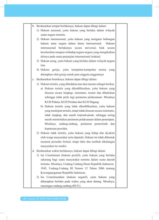 144 | Kelas XI SMA/MA/SMK/MAK
b. Berdasarkan tempat berlakunya, hukum dapat dibagi dalam:
1) Hukum nasional, yaitu hukum yang berlaku dalam wilayah
suatu negara tertentu.
2) Hukum internasional, yaitu hukum yang mengatur hubungan
hukum antar negara dalam dunia internasional. Hukum
internasional berlakunya secara universal, baik secara
keseluruhan maupun terhadap negara-negara yang mengikatkan
dirinya pada suatu perjanjian internasional (traktat).
3) Hukum asing, yaitu hukum yang berlaku dalam wilayah negara
lain.
4) Hukum gereja, yaitu kumpulan-kumpulan norma yang
ditetapkan oleh gereja untuk para anggota-anggotanya
c. Berdasarkan bentuknya, hukum dapat dibagi dalam:
1) Hukum tertulis, yang dibedakan atas dua macam sebagai berikut.
a) Hukum tertulis yang dikodifikasikan, yaitu hukum yang
disusun secara lengkap, sistematis, teratur dan dibukukan
sehingga tidak perlu lagi peraturan pelaksanaan. Misalnya
KUH Pidana, KUH Perdata dan KUH Dagang.
b) Hukum tertulis yang tidak dikodifikasikan, yaitu hukum
yang meskipun tertulis, tetapi tidak disusun secara sistematis,
tidak lengkap, dan masih terpisah-pisah, sehingga sering
masih memerlukan peraturan pelaksanaan dalam penerapan.
Misalnya, undang-undang, peraturan pemerintah dan
keputusan presiden.
2) Hukum tidak tertulis, yaitu hukum yang hidup dan diyakini
oleh warga masyarakat serta dipatuhi. Hukum ini tidak dibentuk
menurut prosedur formal, tetapi lahir dan tumbuh dikalangan
masyarakat itu sendiri.
d. Berdasarkan waktu berlakunya, hukum dapat dibagi dalam:
1) Ius Constitutum (hukum positif), yaitu hukum yang berlaku
sekarang bagi suatu masyarakat tertentu dalam suatu daerah
tertentu. Misalnya, Undang-Undang Dasar Republik Indonesia
1945, Undang-Undang RI Nomor 12 Tahun 2006 tentang
Kewarganegaraan Republik Indonesia.
2) Ius Constituendum (hukum negatif), yaitu hukum yang
diharapkan berlaku pada waktu yang akan datang. Misalnya,
rancangan undang-undang (RUU).
 