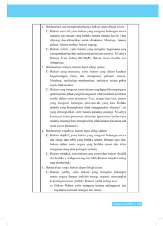 Buku Guru PPKn | 145
e. Berdasarkan cara mempertahankanya, hukum dapat dibagi dalam:
1) Hukum material, yaitu hukum yang mengatur hubungan antara
anggota masyarakat yang berlaku umum tentang hal-hal yang
dilarang dan dibolehkan untuk dilakukan. Misalnya, hukum
pidana, hukum perdata, hukum dagang.
2) Hukum formal, yaitu hukum yang mengatur bagaimana cara
mempertahankan dan melaksanakan hukum meterial. Misalnya
Hukum Acara Pidana (KUHAP), Hukum Acara Perdata dan
sebagainya.
f. Berdasarkan sifatnya, hukum dapat dibagi dalam:
1) Hukum yang memaksa, yaitu hukum yang dalam keadaan
bagaimanapun harus dan mempunyai paksaan mutlak.
Misalnya, melakukan pembunuhan, sanksinya secara paksa
wajib dilaksanakan.
2) Hukumyangmengatur,yaituhukumyangdapatdikesampingkan
apabila pihak-pihak yang bersangkutan telah membuat peraturan
sendiri dalam suatu perjanjian. Atau, dengan kata lain, hukum
yang mengatur hubungan antarindividu yang baru berlaku
apabila yang bersangkutan tidak menggunakan alternatif lain
yang dimungkinkan oleh hukum (undang-undang). Misalnya
ketentuan dalam pewarisan ab-intesto (pewarisan berdasarkan
undang-undang), baru mungkin bisa dilaksanakan jika tidak ada
surat wasiat (testamen).
g. Berdasarkan wujudnya, hukum dapat dibagi dalam:
1) Hukum objektif, yaitu hukum yang mengatur hubungan antara
dua orang atau lebih yang berlaku umum. Dengan kata lain,
hukum dalam suatu negara yang berlaku umum dan tidak
mengenai orang atau golongan tertentu.
2) Hukum subjektif, yaitu hukum yang timbul dari hukum objektif
dan berlaku terhadap seorang atau lebih. Hukum subjektif sering
juga disebut hak.
h. Berdasarkan isinya, hukum dapat dibagi dalam:
1) Hukum publik, yaitu hukum yang mengatur hubungan
antara negara dengan individu (warga negara), menyangkut
kepentingan umum (publik). Hukum publik terbagi atas:
a) Hukum Pidana, yaitu mengatur tentang pelanggaran dan
kejahatan, memuat larangan dan sanksi.
 