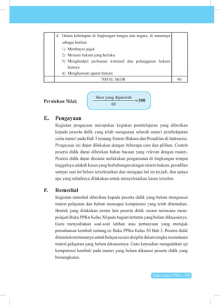Buku Guru PPKn | 149
d. Dalam kehidupan di lingkungan bangsa dan negara, di antaranya
sebagai berikut.
1) Membayar pajak
2) Menaati hukum yang berlaku
3) Menghindari perbuatan kriminal dan pelanggaran hukum
lainnya
4) Menghormati aparat hukum
TOTAL SKOR 60
Perolehan Nilai;
Skor yang diperoleh
60
×100
E. Pengayaan
Kegiatan pengayaan merupakan kegiatan pembelajaran yang diberikan
kepada peserta didik yang telah menguasai seluruh materi pembelajaran
yaitu materi pada Bab 3 tentang Sistem Hukum dan Peradilan di Indonesia.
Pengayaan ini dapat dilakukan dengan beberapa cara dan pilihan. Contoh
peserta didik dapat diberikan bahan bacaan yang relevan dengan materi.
Peserta didik dapat diminta melakukan pengamatan di lingkungan tempat
tinggalnya adakah kasus yang berhubungan dengan sistem hukum, peradilan
sampai saat ini belum terselesaikan dan mengapa hal itu terjadi, dan upaya
apa yang sebaiknya dilakukan untuk menyelesaikan kasus tersebut.
F. Remedial
Kegiatan remedial diberikan kepada peserta didik yang belum menguasai
materi pelajaran dan belum mencapai kompetensi yang telah ditentukan.
Bentuk yang dilakukan antara lain peserta didik secara terencana mem­
pelajari Buku PPKn Kelas XI pada bagian tertentu yang belum dikuasainya.
Guru menyediakan soal-soal latihan atau pertanyaan yang merujuk
pemahaman kembali tentang isi Buku PPKn Kelas XI Bab 3. Peserta didik
diminta komitmennya untuk belajar secara disiplin dalam rangka memahami
materi pelajaran yang belum dikuasainya. Guru kemudian mengadakan uji
kompetensi kembali pada materi yang belum dikuasai peserta didik yang
bersangkutan.
 