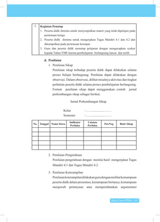 Buku Guru PPKn | 167
3. Kegiatan Penutup
1. Peserta didik diminta untuk menyimpulkan materi yang telah dipelajari pada
pertemuan ketiga.
2. Peserta didik diminta untuk mengerjakan Tugas Mandiri 4.1 dan 4.2 dan
dikumpulkan pada pertemuan keempat.
3. Guru dan peserta didik menutup pelajaran dengan mengucapkan syukur
kepada Tuhan YME karena pembelajaran berlangsung lancar dan tertib.
d. Penilaian
1. Penilaian Sikap
Penilaian sikap terhadap peserta didik dapat dilakukan selama
proses belajar berlangsung. Penilaian dapat dilakukan dengan
observasi. Dalam observasi, dilihat misalnya aktivitas dan tingkat
perhatian peserta didik selama proses pembelajaran berlangsung.
Format penilaian sikap dapat menggunakan contoh jurnal
perkembangan sikap sebagai berikut.
Jurnal Perkembangan Sikap
			Kelas 		: ……..............…….
			 Semester : ……..............…….
No. Tanggal Nama Siswa
Indikator
Perilaku
Catatan
Perilaku
Pos/Neg Butir Sikap
2. Penilaian Pengetahuan
Penilaian pengetahuan dengan menilai hasil mengerjakan Tugas
Mandiri 4.1 dan Tugas Mandiri 4.2.
3. Penilaian Keterampilan
Penilaianketerampilandilakukangurudenganmelihatkemampuan
peserta didik dalam presentasi, kemampuan bertanya, kemampuan
menjawab pertanyaan atau mempertahankan argumentasi
 