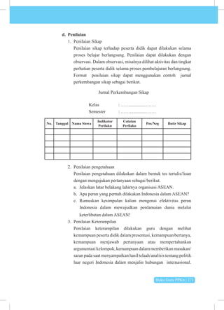 Buku Guru PPKn | 171
d. Penilaian
1. Penilaian Sikap
Penilaian sikap terhadap peserta didik dapat dilakukan selama
proses belajar berlangsung. Penilaian dapat dilakukan dengan
observasi. Dalam observasi, misalnya dilihat aktivitas dan tingkat
perhatian peserta didik selama proses pembelajaran berlangsung.
Format penilaian sikap dapat menggunakan contoh jurnal
perkembangan sikap sebagai berikut.
Jurnal Perkembangan Sikap
			Kelas 		: ……..............…….
			 Semester : ……..............…….
No. Tanggal Nama Siswa
Indikator
Perilaku
Catatan
Perilaku
Pos/Neg Butir Sikap
2. Penilaian pengetahuan
Penilaian pengetahuan dilakukan dalam bentuk tes tertulis/lisan
dengan mengajukan pertanyaan sebagai berikut.
a. Jelaskan latar belakang lahirnya organisasi ASEAN.
b. Apa peran yang pernah dilakukan Indonesia dalam ASEAN?
c. Rumuskan kesimpulan kalian mengenai efektivitas peran
Indonesia dalam mewujudkan perdamaian dunia melalui
keterlibatan dalam ASEAN!
3. Penilaian Keterampilan
Penilaian keterampilan dilakukan guru dengan melihat
kemampuan peserta didik dalam presentasi, kemampuan bertanya,
kemampuan menjawab pertanyaan atau mempertahankan
argumentasikelompok,kemampuandalammemberikanmasukan/
saran pada saat menyampaikan hasil telaah/analisis tentang politik
luar negeri Indonesia dalam menjalin hubungan internasional.
 