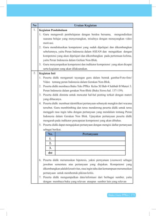 Buku Guru PPKn | 173
No Uraian Kegiatan
1. Kegiatan Pendahuluan
1. Guru mengawali pembelajaran dengan berdoa bersama, mengondisikan
suasana belajar yang menyenangkan, misalnya dengan menayangkan video
motivasi.
2. Guru mendiskusikan kompetensi yang sudah dipelajari dan dikembangkan
sebelumnya, yaitu Peran Indonesia dalam ASEAN dan mengaitkan dengan
kompetensi yang akan dipelajari dan dikembangkan pada pertemuan kelima,
yaitu Peran Indonesia dalam Gerkan Non-Blok.
3. Guru menyampaikan kompetensi dan indikator kompetensi yang akan dicapai
serta kegiatan yang akan dilaksanakan.
2. Kegiatan Inti
1. Peserta didik mengamati tayangan guru dalam bentuk gambar/Foto-foto/
Video tentang peran Indonesia dalam Gerakan Non-Blok.
2. Peserta didik membaca Buku Teks PPKn Kelas XI Bab 4 Subbab B Materi 3.
Peran Indonesia dalam gerakan Non-Blok (Buku Siswa hal. 137-139).
3. Peserta didik diminta untuk mencatat hal-hal penting terkait dengan materi
yang dibacanya.
4. Peserta didik membuat identifikasi pertanyaan sebanyak mungkin dari wacana
tersebut. Guru membimbing dan terus mendorong peserta didik untuk terus
menggali rasa ingin tahu dengan pertanyaan yang mendalam tentang Peran
Indonesia dalam Gerakan Non Blok. Upayakan pertanyaan peserta didik
mengarah pada indikator pencapaian kompetensi yang akan dibahas.
5. Peserta didik dapat mengajukan pertanyaan dengan mengisi daftar pertanyaan
sebagai berikut.
No. Pertanyaan
1.
2.
3.
dst
6. Peserta didik merumuskan hipotesis, yakni pernyataan (statment) sebagai
jawaban sementara atas pertanyaan yang diajukan. Kompetensi yang
dikembangkan adalah kreativitas, rasa ingin tahu dan kemampuan merumuskan
pertanyaan untuk membentuk pikiran kritis.
7. Peserta didik mengumpulkan data/informasi dari berbagai sumber, yaitu
dengan membaca buku yang relevan ataupun sumber lain yang relevan
 