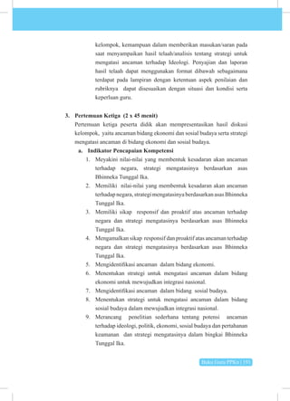 Buku Guru PPKn | 191
kelompok, kemampuan dalam memberikan masukan/saran pada
saat menyampaikan hasil telaah/analisis tentang strategi untuk
mengatasi ancaman terhadap Ideologi. Penyajian dan laporan
hasil telaah dapat menggunakan format dibawah sebagaimana
terdapat pada lampiran dengan ketentuan aspek penilaian dan
rubriknya dapat disesuaikan dengan situasi dan kondisi serta
keperluan guru.
3. Pertemuan Ketiga (2 x 45 menit)
Pertemuan ketiga peserta didik akan mempresentasikan hasil diskusi
kelompok, yaitu ancaman bidang ekonomi dan sosial budaya serta strategi
mengatasi ancaman di bidang ekonomi dan sosial budaya.
a. Indikator Pencapaian Kompetensi
1. Meyakini nilai-nilai yang membentuk kesadaran akan ancaman
terhadap negara, strategi mengatasinya berdasarkan asas
Bhinneka Tunggal Ika.
2. Memiliki nilai-nilai yang membentuk kesadaran akan ancaman
terhadapnegara,strategimengatasinyaberdasarkanasasBhinneka
Tunggal Ika.
3. Memiliki sikap responsif dan proaktif atas ancaman terhadap
negara dan strategi mengatasinya berdasarkan asas Bhinneka
Tunggal Ika.
4. Mengamalkan sikap responsif dan proaktif atas ancaman terhadap
negara dan strategi mengatasinya berdasarkan asas Bhinneka
Tunggal Ika.
5. Mengidentifikasi ancaman dalam bidang ekonomi.
6. Menentukan strategi untuk mengatasi ancaman dalam bidang
ekonomi untuk mewujudkan integrasi nasional.
7. Mengidentifikasi ancaman dalam bidang sosial budaya.
8. Menentukan strategi untuk mengatasi ancaman dalam bidang
sosial budaya dalam mewujudkan integrasi nasional.
9. Merancang penelitian sederhana tentang potensi ancaman
terhadap ideologi, politik, ekonomi, sosial budaya dan pertahanan
keamanan dan strategi mengatasinya dalam bingkai Bhinneka
Tunggal Ika.
 