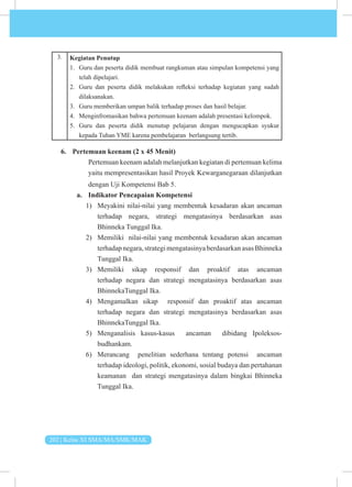 202 | Kelas XI SMA/MA/SMK/MAK
3. Kegiatan Penutup
1. Guru dan peserta didik membuat rangkuman atau simpulan kompetensi yang
telah dipelajari.
2. Guru dan peserta didik melakukan refleksi terhadap kegiatan yang sudah
dilaksanakan.
3. Guru memberikan umpan balik terhadap proses dan hasil belajar.
4. Menginfromasikan bahwa pertemuan keenam adalah presentasi kelompok.
5. Guru dan peserta didik menutup pelajaran dengan mengucapkan syukur
kepada Tuhan YME karena pembelajaran berlangsung tertib.
6. Pertemuan keenam (2 x 45 Menit)
Pertemuan keenam adalah melanjutkan kegiatan di pertemuan kelima
yaitu mempresentasikan hasil Proyek Kewarganegaraan dilanjutkan
dengan Uji Kompetensi Bab 5.
a. Indikator Pencapaian Kompetensi
1) Meyakini nilai-nilai yang membentuk kesadaran akan ancaman
terhadap negara, strategi mengatasinya berdasarkan asas
Bhinneka Tunggal Ika.
2) Memiliki nilai-nilai yang membentuk kesadaran akan ancaman
terhadapnegara,strategimengatasinyaberdasarkanasasBhinneka
Tunggal Ika.
3) Memiliki sikap responsif dan proaktif atas ancaman
terhadap negara dan strategi mengatasinya berdasarkan asas
BhinnekaTunggal Ika.
4) Mengamalkan sikap responsif dan proaktif atas ancaman
terhadap negara dan strategi mengatasinya berdasarkan asas
BhinnekaTunggal Ika.
5) Menganalisis kasus-kasus ancaman dibidang Ipoleksos­
budhankam.
6) Merancang penelitian sederhana tentang potensi ancaman
terhadap ideologi, politik, ekonomi, sosial budaya dan pertahanan
keamanan dan strategi mengatasinya dalam bingkai Bhinneka
Tunggal Ika.
 