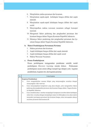 Buku Guru PPKn | 215
6. Menjelaskan makna persatuan dan kesatuan.
7. Menjelaskan aspek-aspek kehidupan bangsa dilihat dari aspek
alamiah.
8. Menjelaskan aspek-aspek kehidupan bangsa dilihat dari aspek
sosial.
9. Menyimpulkan makna wawasan nusantara sebagai konsepsi
nasional.
10. Mengamati faktor pedorong dan penghambat persatuan dan
kesatuan bangsa dalam Negara Kesatuan Republik Indonesia.
11. Menanya faktor pendorong dan penghambat persatuan dan ke­
satuan bangsa dalam Negara Kesatuan Republik Indonesia.
b. Materi Pembelajaran Pertemuan Pertama
1. Makna persatuan dan kesatuan
2. Aspek kehidupan bangsa dilihat dari aspek alamiah
3. Aspek kehidupan bangsa dilihat dari aspek sosial
4. Makna Wawasan Nusantara
c. Proses Pembelajaran
Proses pembelajaran menggunakan pendekatan saintifik model
pembelajaran Discovery Learning, metode diskusi. Pelaksanaan
pembelajaran secara umum dibagi menjadi tiga tahapan yaitu kegiatan
pendahuluan, kegiatan inti, dan kegiatan penutup.
No. Uraian Kegiatan
Kegiatan Pendahuluan
1) Guru mengondisikan suasana belajar yang menyenangkan misalnya dengan
menayangkan video motivasi.
2) Guru menyampaikan kompetensi yang akan dicapai, yaitu menganalisis faktor
pedorong dan penghambat persatuan dan kesatuan bangsa dalam Negara Kesatu­
an Republik Indonesia
3) Guru mendiskusikan manfaat mempelajari kompetensi tersebut dalam kehidupan
sehari-hari, misalnya dengan mempelajari materi ini diharapkan siswa akan makin
menyadari pentingnya persatuan dan kesatuan bangsa, akan mewaspadai adanya
ancaman persatuan dan kesatuan dll.
 