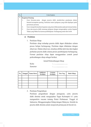 Buku Guru PPKn | 217
No. Uraian Kegiatan
3. Kegiatan Penutup
1. Guru bersama-sama dengan peserta didik memberikan penekanan dalam
bentuk kesimpulan penting berkaitan materi pelajaran yang telah dipelajari pada
pertemuan pertama.
2. Guru menginformasikan kegiatan yang akan dilaksanakan pada pertemuan kedua.
3. Guru dan peserta didik menutup pelajaran dengan mengucapkan syukur kepada
Tuhan yang Maha Esa karena pembelajaran berlangsung aman dan tertib.
d. Penilaian
1. Penilaian Sikap
Penilaian sikap terhadap peserta didik dapat dilakukan selama
proses belajar berlangsung. Penilaian dapat dilakukan dengan
observasi. Dalam observasi, misalnya dilihat aktivitas dan tingkat
perhatian peserta didik selama proses pembelajaran berlangsung.
Format penilaian sikap dapat menggunakan contoh jurnal
perkembangan sikap sebagai berikut.
Jurnal Perkembangan Sikap
Kelas 		 : ……..............…….
Semester : ……..............…….
No. Tanggal Nama Siswa
Indikator
Perilaku
Catatan
Perilaku
Pos/ Neg Butir Sikap
2. Penilaian Pengetahuan
Penilaian pengetahuan dengan penugasan, yaitu peserta
didik diminta untuk mengerjakan Tugas Kelompok 6.1 yaitu
menganalisis wacana tentang Potret Perbatasan: Tinggal di
Indonesia, Menggantungkan Hidup dengan Malaysia. Setelah itu
peserta didik diminta untuk menjawab pertanyaan di bawah ini.
 