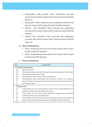 234 | Kelas XI SMA/MA/SMK/MAK
4. Mengamalkan sikap proaktif dalam menerapkan nilai-nilai
persatuan dan kesatuan bangsa dalam Negara Kesatuan Republik
Indonesia.
5. Menganalisis faktor pendorong dan penghambat persatuan dan
kesatuan bangsa dalam Negara Kesatuan Republik Indonesia.
6. Menalar hasil identifikasi faktor pedorong dan penghambat
persatuan dan kesatuan bangsa dalam Negara Kesatuan Republik
Indonesia.
7. Menyaji hasil identifikasi faktor pedorong dan penghambat
persatuan dan kesatuan bangsa dalam Negara Kesatuan Republik
Indonesia.
b. Materi Pembelajaran
1. Faktor pendorong persatuan dan kesatuan bangsa dalam Negara
Kesatuan Republik Indonesia.
2. Faktor penghambat persatuan dan kesatuan bangsa dalam Negara
Kesatuan Republik Indonesia
c. Proses Pembelajaran
No. Uraian Kegiatan
1. Kegiatan Pendahuluan
1. Memberikan salam
2. Menanyakan kepada peserta didik tentang kesiapan dan kenyamanan untuk belajar
3. Menanyakan kehadiran peserta didik
4. Mempersilakan salah satu peserta didik memimpin doa
5. Menyampaikan teknis pembelajaran pada pertemuan keenam yaitu presentasi
laporan hasil proyek tentang partisipasi masyarakat dalam memperkukuh persatuan
dan kesatuan bangsa
Kegiatan Inti
1. Peserta didik secara acak dan bergantian diminta untuk mempresentasikan hasil
pelaksanaan proyek yaitu Mari Menganalisis Kasus.
2. Peserta didik yang lain diminta untuk memberikan tanggapan dan masukannya
terhadap presentasi yang telah dilaksanakan.
3. Peserta didik mencatat masukan dan saran dari peserta didik lain untuk perbaikan
laporan. Hasil perbaikan dikumpulkan untuk mendapatkan penilaian dari guru.
 