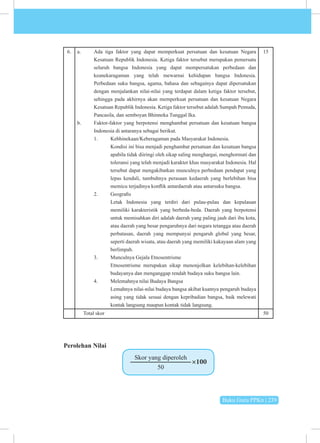 Buku Guru PPKn | 239
6. a. Ada tiga faktor yang dapat memperkuat persatuan dan kesatuan Negara
Kesatuan Republik Indonesia. Ketiga faktor tersebut merupakan pemersatu
seluruh bangsa Indonesia yang dapat mempersatukan perbedaan dan
keanekaragaman yang telah mewarnai kehidupan bangsa Indonesia.
Perbedaan suku bangsa, agama, bahasa dan sebagainya dapat dipersatukan
dengan menjalankan nilai-nilai yang terdapat dalam ketiga faktor tersebut,
sehingga pada akhirnya akan memperkuat persatuan dan kesatuan Negara
Kesatuan Republik Indonesia. Ketiga faktor tersebut adalah Sumpah Pemuda,
Pancasila, dan semboyan Bhinneka Tunggal Ika.
b. Faktor-faktor yang berpotensi menghambat persatuan dan kesatuan bangsa
Indonesia di antaranya sebagai berikut.
1. Kebhinekaan/Keberagaman pada Masyarakat Indonesia.
Kondisi ini bisa menjadi penghambat persatuan dan kesatuan bangsa
apabila tidak diiringi oleh sikap saling menghargai, menghormati dan
toleransi yang telah menjadi karakter khas masyarakat Indonesia. Hal
tersebut dapat mengakibatkan munculnya perbedaan pendapat yang
lepas kendali, tumbuhnya perasaan kedaerah yang berlebihan bisa
memicu terjadinya konflik antardaerah atau antarsuku bangsa.
2. Geografis
Letak Indonesia yang terdiri dari pulau-pulau dan kepulauan
memiliki karakteristik yang berbeda-beda. Daerah yang berpotensi
untuk memisahkan diri adalah daerah yang paling jauh dari ibu kota,
atau daerah yang besar pengaruhnya dari negara tetangga atau daerah
perbatasan, daerah yang mempunyai pengaruh global yang besar,
seperti daerah wisata, atau daerah yang memiliki kakayaan alam yang
berlimpah.
3. Munculnya Gejala Etnosentrisme
Etnosentrisme merupakan sikap menonjolkan kelebihan-kelebihan
budayanya dan menganggap rendah budaya suku bangsa lain.
4. Melemahnya nilai Budaya Bangsa
Lemahnya nilai-nilai budaya bangsa akibat kuatnya pengaruh budaya
asing yang tidak sesuai dengan kepribadian bangsa, baik melewati
kontak langsung maupun kontak tidak langsung.
15
Total skor 50
Perolehan Nilai
Skor yang diperoleh
50
×100
 