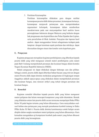 240 | Kelas XI SMA/MA/SMK/MAK
3. Penilaian Keterampilan
Penilaian keterampilan dilakukan guru dengan melihat
kemampuan peserta didik dalam presentasi, kemampuan bertanya,
kemampuan menjawab pertanyaan atau mempertahankan
argumentasi kelompok, kemampuan dalam memberikan
masukan/saran pada saat menyampaikan hasil analisis kasus
persengketaan Indonesia dengan Malaysia yang berkaita dengan
hak penguasaan atau kepemilikan atas Pulau Sipadan dan Ligitan,
serta perselisihan di Blok Ambalat. Penyajian dan laporan hasil
analisis dapat menggunakan format sebagaimana terdapat pada
lampiran dengan ketentuan aspek penilaian dan rubriknya dapat
disesuaikan dengan situasi dan kondisi serta keperluan guru.
E. Pengayaan
Kegiatan pengayaan merupakan kegiatan pembelajaran yang diberikan kepada
peserta didik yang telah menguasai seluruh materi pembelajaran yaitu materi
pada Bab 6 tentang memperkukuh persatuan dan kesatuan bangsa dalam konteks
Negara Kesatuan Republik Indonesia (NKRI).
Dalam pengayaan ini dapat dilakukan dengan beberapa cara dan pilihan.
Sebagai contoh, peserta didik dapat diberikan bahan bacaan yang relevan dengan
materi.Peserta didik dapat diminta melakukan pengamatan di lingkungan tempat
tinggalnya adakah upaya-upaya yang dilakukan dalam memperkukuh persatuan
dan kesatuan bangsa, atau mencari artikel yang terkait dengan persatuan dan
kesatuan bangsa.
F. Remedial
Kegiatan remedial diberikan kepada peserta didik yang belum menguasai
materi pelajaran dan belum mencapai kompetensi yang telah ditentukan. Bentuk
yang dilakukan antara lain peserta didik secara terencana mempelajari Buku PPKn
Kelas XI pada bagian tertentu yang belum dikuasainya. Guru menyediakan soal-
soal latihan atau pertanyaan yang merujuk pemahaman kembali tentang isi Buku
PPKn Kelas XI Bab 6. Peserta didik diminta komitmennya untuk belajar secara
disiplin dalam rangka memahami materi pelajaran yang belum dikuasainya. Guru
kemudian mengadakan uji kompetensi kembali pada materi yang belum dikuasai
peserta didik yang bersangkutan.
 