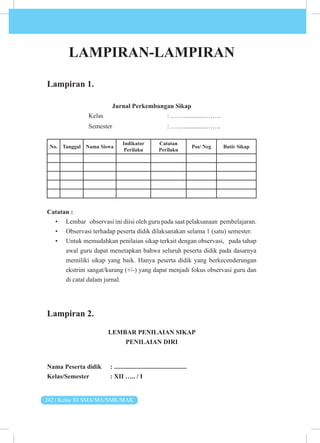 242 | Kelas XI SMA/MA/SMK/MAK
LAMPIRAN-LAMPIRAN
Lampiran 1.
Jurnal Perkembangan Sikap
Kelas 		 : ……..............…….
Semester : ……..............…….
No. Tanggal Nama Siswa
Indikator
Perilaku
Catatan
Perilaku
Pos/ Neg Butir Sikap
Catatan :
• Lembar observasi ini diisi oleh guru pada saat pelaksanaan pembelajaran.
• Observasi terhadap peserta didik dilaksanakan selama 1 (satu) semester.
• Untuk memudahkan penilaian sikap terkait dengan observasi, pada tahap
awal guru dapat menetapkan bahwa seluruh peserta didik pada dasarnya
memiliki sikap yang baik. Hanya peserta didik yang berkecenderungan
ekstrim sangat/kurang (+/-) yang dapat menjadi fokus observasi guru dan
di catat dalam jurnal.
Lampiran 2.
LEMBAR PENILAIAN SIKAP
PENILAIAN DIRI
Nama Peserta didik : .............................................
Kelas/Semester : XII ….. / I
 