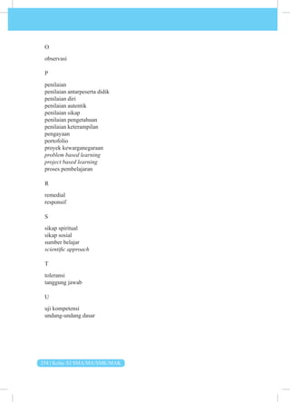 254 | Kelas XI SMA/MA/SMK/MAK
O
observasi
P
penilaian
penilaian antarpeserta didik
penilaian diri
penilaian autentik
penilaian sikap
penilaian pengetahuan
penilaian keterampilan
pengayaan
portofolio
proyek kewarganegaraan
problem based learning
project based learning
proses pembelajaran
R
remedial
responsif
S
sikap spiritual
sikap sosial
sumber belajar
scientific approach
T
toleransi
tanggung jawab
U
uji kompetensi
undang-undang dasar
 