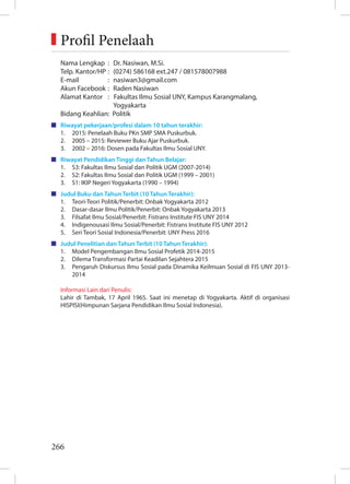 266
Nama Lengkap : Dr. Nasiwan, M.Si.
Telp. Kantor/HP : (0274) 586168 ext.247 / 081578007988
E-mail : nasiwan3@gmail.com
Akun Facebook : Raden Nasiwan
Alamat Kantor : Fakultas Ilmu Sosial UNY, Kampus Karangmalang,
Yogyakarta
Bidang Keahlian: Politik
Riwayat pekerjaan/profesi dalam 10 tahun terakhir:
1. 2015: Penelaah Buku PKn SMP SMA Puskurbuk.
2. 2005 – 2015: Reviewer Buku Ajar Puskurbuk.
3. 2002 – 2016: Dosen pada Fakultas Ilmu Sosial UNY.
Riwayat Pendidikan Tinggi dan Tahun Belajar:
1. S3: Fakultas Ilmu Sosial dan Politik UGM (2007-2014)
2. S2: Fakultas Ilmu Sosial dan Politik UGM (1999 – 2001)
3. S1: IKIP Negeri Yogyakarta (1990 – 1994)
Judul Buku dan Tahun Terbit (10 Tahun Terakhir):
1. Teori-Teori Politik/Penerbit: Onbak Yogyakarta 2012
2. Dasar-dasar Ilmu Politik/Penerbit: Onbak Yogyakarta 2013
3. Filsafat Ilmu Sosial/Penerbit: Fistrans Institute FIS UNY 2014
4. Indigenousasi Ilmu Sosial/Penerbit: Fistrans Institute FIS UNY 2012
5. Seri Teori Sosial Indonesia/Penerbit: UNY Press 2016
Judul Penelitian dan Tahun Terbit (10 Tahun Terakhir):
1. Model Pengembangan Ilmu Sosial Profetik 2014-2015
2. Dilema Transformasi Partai Keadilan Sejahtera 2015
3. Pengaruh Diskursus Ilmu Sosial pada Dinamika Keilmuan Sosial di FIS UNY 2013-
2014
Informasi Lain dari Penulis:
Lahir di Tambak, 17 April 1965. Saat ini menetap di Yogyakarta. Aktif di organisasi
HISPISI(Himpunan Sarjana Pendidikan Ilmu Sosial Indonesia).
Profil Penelaah
 