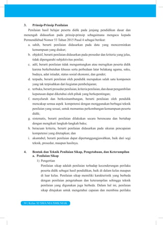 30 | Kelas XI SMA/MA/SMK/MAK
3. Prinsip-Prinsip Penilaian
Penilaian hasil belajar peserta didik pada jenjang pendidikan dasar dan
menengah didasarkan pada prinsip-prinsip sebagaimana mengacu kepada
Permendikbud Nomor 53 Tahun 2015 Pasal 4 sebagai berikut:
a. sahih, berarti penilaian didasarkan pada data yang mencerminkan
kemampuan yang diukur;
b. objektif, berarti penilaian didasarkan pada prosedur dan kriteria yang jelas,
tidak dipengaruhi subjektivitas penilai;
c. adil, berarti penilaian tidak menguntungkan atau merugikan peserta didik
karena berkebutuhan khusus serta perbedaan latar belakang agama, suku,
budaya, adat istiadat, status sosial ekonomi, dan gender;
d. terpadu, berarti penilaian oleh pendidik merupakan salah satu komponen
yang tak terpisahkan dari kegiatan pembelajaran;
e. terbuka,berartiprosedurpenilaian,kriteriapenilaian,dandasarpengambilan
keputusan dapat diketahui oleh pihak yang berkepentingan;
f. menyeluruh dan berkesinambungan, berarti penilaian oleh pendidik
mencakup semua aspek kompetensi dengan menggunakan berbagai teknik
penilaian yang sesuai, untuk memantau perkembangan kemampuan peserta
didik;
g. sistematis, berarti penilaian dilakukan secara berencana dan bertahap
dengan mengikuti langkah-langkah baku;
h. beracuan kriteria, berarti penilaian didasarkan pada ukuran pencapaian
kompetensi yang ditetapkan; dan
i. akuntabel, berarti penilaian dapat dipertanggungjawabkan, baik dari segi
teknik, prosedur, maupun hasilnya.
4. Bentuk dan Teknik Penilaian Sikap, Pengetahuan, dan Keterampilan
a. Penilaian Sikap
1) Pengertian
Penilaian sikap adalah penilaian terhadap kecenderungan perilaku
peserta didik sebagai hasil pendidikan, baik di dalam kelas maupun
di luar kelas. Penilaian sikap memiliki karakteristik yang berbeda
dengan penilaian pengetahuan dan keterampilan sehingga teknik
penilaian yang digunakan juga berbeda. Dalam hal ini, penilaian
sikap ditujukan untuk mengetahui capaian dan membina perilaku
 