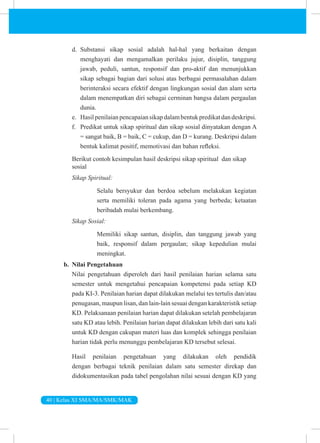 40 | Kelas XI SMA/MA/SMK/MAK
d. Substansi sikap sosial adalah hal-hal yang berkaitan dengan
menghayati dan mengamalkan perilaku jujur, disiplin, tanggung
jawab, peduli, santun, responsif dan pro-aktif dan menunjukkan
sikap sebagai bagian dari solusi atas berbagai permasalahan dalam
berinteraksi secara efektif dengan lingkungan sosial dan alam serta
dalam menempatkan diri sebagai cerminan bangsa dalam pergaulan
dunia.
e. Hasilpenilaianpencapaiansikapdalambentukpredikatdandeskripsi.
f. Predikat untuk sikap spiritual dan sikap sosial dinyatakan dengan A
= sangat baik, B = baik, C = cukup, dan D = kurang. Deskripsi dalam
bentuk kalimat positif, memotivasi dan bahan refleksi.
Berikut contoh kesimpulan hasil deskripsi sikap spiritual dan sikap
sosial
Sikap Spiritual:
Selalu bersyukur dan berdoa sebelum melakukan kegiatan
serta memiliki toleran pada agama yang berbeda; ketaatan
beribadah mulai berkembang.
Sikap Sosial:
Memiliki sikap santun, disiplin, dan tanggung jawab yang
baik, responsif dalam pergaulan; sikap kepedulian mulai
meningkat.
b. Nilai Pengetahuan
Nilai pengetahuan diperoleh dari hasil penilaian harian selama satu
semester untuk mengetahui pencapaian kompetensi pada setiap KD
pada KI-3. Penilaian harian dapat dilakukan melalui tes tertulis dan/atau
penugasan, maupun lisan, dan lain-lain sesuai dengan karakteristik setiap
KD. Pelaksanaan penilaian harian dapat dilakukan setelah pembelajaran
satu KD atau lebih. Penilaian harian dapat dilakukan lebih dari satu kali
untuk KD dengan cakupan materi luas dan komplek sehingga penilaian
harian tidak perlu menunggu pembelajaran KD tersebut selesai.
Hasil penilaian pengetahuan yang dilakukan oleh pendidik
dengan berbagai teknik penilaian dalam satu semester direkap dan
didokumentasikan pada tabel pengolahan nilai sesuai dengan KD yang
 