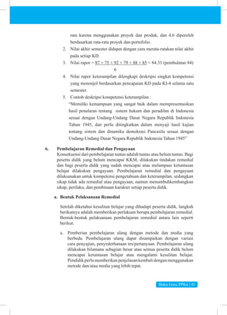 Buku Guru PPKn | 43
rata karena menggunakan proyek dan produk, dan 4.6 diperoleh
berdasarkan rata-rata proyek dan portofolio.
2. Nilai akhir semester didapat dengan cara merata-ratakan nilai akhir
pada setiap KD.
3. Nilai rapor = 87 + 75 + 92 + 79 + 88 + 85 = 84.33 (pembulatan 84)
		 6
4. Nilai rapor keterampilan dilengkapi deskripsi singkat kompetensi
yang menonjol berdasarkan pencapaian KD pada KI-4 selama satu
semester.
5. Contoh deskripsi kompetensi keterampilan :
“Memiliki kemampuan yang sangat baik dalam mempresentasikan
hasil penalaran tentang sistem hukum dan peradilan di Indonesia
sesuai dengan Undang-Undang Dasar Negara Republik Indonesia
Tahun 1945, dan perlu ditingkatkan dalam menyaji hasil kajian
tentang sistem dan dinamika demokrasi Pancasila sesuai dengan
Undang-Undang Dasar Negara Republik Indonesia Tahun 1945”
6. Pembelajaran Remedial dan Pengayaan
Konsekuensi dari pembelajaran tuntas adalah tuntas atau belum tuntas. Bagi
peserta didik yang belum mencapai KKM, dilakukan tindakan remedial
dan bagi peserta didik yang sudah mencapai atau melampaui ketuntasan
belajar dilakukan pengayaan. Pembelajaran remedial dan pengayaan
dilaksanakan untuk kompetensi pengetahuan dan keterampilan, sedangkan
sikap tidak ada remedial atau pengayaan, namun menumbuhkembangkan
sikap, perilaku, dan pembinaan karakter setiap peserta didik.
a. Bentuk Pelaksanaan Remedial
Setelah diketahui kesulitan belajar yang dihadapi peserta didik, langkah
berikutnya adalah memberikan perlakuan berupa pembelajaran remedial.
Bentuk-bentuk pelaksanaan pembelajaran remedial antara lain seperti
berikut.
a. Pemberian pembelajaran ulang dengan metode dan media yang
berbeda. Pembelajaran ulang dapat disampaikan dengan variasi
cara penyajian, penyederhanaan tes/pertanyaan. Pembelajaran ulang
dilakukan bilamana sebagian besar atau semua peserta didik belum
mencapai ketuntasan belajar atau mengalami kesulitan belajar.
Pendidik perlu memberikan penjelasan kembali dengan menggunakan
metode dan/atau media yang lebih tepat.
 