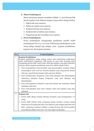 54 | Kelas XI SMA/MA/SMK/MAK
b. Materi Pembelajaran
Materi pertemuan pertama membahas Subbab A, yaitu Konsep Hak
dan Kewajiban Asasi Manusia dengan uraian materi sebagai berikut.
1. Makna hak asasi manusia.
2. Makna kewajiban asasi manusia.
3. Karakteristik hak asasi manusia.
4. Karakteristik kewajiban asasi manusia.
5. Pengertian hak dan kewajiban asasi manusia.
c. Proses Pembelajaran
Proses pembelajaran menggunakan pendekatan saintifik model
pembelajaran Discovery Learning. Pelaksanaan pembelajaran secara
umum dibagi menjadi tiga tahapan, yaitu kegiatan pendahuluan,
kegiatan inti, dan kegiatan penutup.
No. Uraian Kegiatan
1. Kegiatan Pendahuluan
Kegiatan pendahuluan sangat penting artinya bagi keberhasilan pelaksanaan
proses pembelajaran selanjutnya. Oleh karena itu, guru harus berusaha untuk
merangsang peserta didik untuk belajar. Beberapa kegiatan yang dapat dilakukan
oleh guru dalam kegiatan pendahuluan antara lain adalah sebagai berikut.
1. Guru mengondisikan suasana belajar yang menyenangkan, misalnya dengan
menayangkan video motivasi, bercerita kejadian nyata yang pernah dialami
oleh guru yang berkaitan dengan topik yang akan dibahas.
2. Guru mendiskusikan kompetensi yang sudah dipelajari dan dikembangkan
sebelumnya berkaitan dengan kompetensi yang akan dipelajari dan
dikembangkan.
3. Guru menyampaikan kompetensi yang akan dicapai dan manfaatnya dalam
kehidupan sehari-hari.
4. Guru menyampaikan garis besar cakupan materi dan kegiatan yang akan
dilakukan.
2. Kegiatan Inti
1. Peserta didik dibagi menjadi beberapa kelompok yang beranggotakan 3-5
orang.
2. Peserta didik diminta untuk mengamati dengan membaca wacana tentang
Harmonisasi Kewajiban dan Hak Asasi Manusia yang terdapat pada buku teks
Bab1, selanjutnya membaca Subbab A tentang Konsep Hak dan Kewajiban
Asasi Manusia (Buku Siswa hal. 2-8). Guru dapat memberikan
 