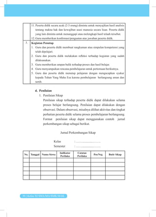 56 | Kelas XI SMA/MA/SMK/MAK
11. Peserta didik secara acak (2-3 orang) diminta untuk menyajikan hasil analisis
tentang makna hak dan kewajiban asasi manusia secara lisan. Peserta didik
yang lain diminta untuk menanggapi atau melengkapi hasil telaah tersebut.
12. Guru memberikan konfirmasi/penguatan atas jawaban peserta didik.
3. Kegiatan Penutup
1. Guru dan peserta didik membuat rangkuman atau simpulan kompetensi yang
telah dipelajari.
2. Guru dan peserta didik melakukan refleksi terhadap kegiatan yang sudah
dilaksanakan.
3. Guru memberikan umpan balik terhadap proses dan hasil belajar.
4. Guru menyampaikan rencana pembelajaran untuk pertemuan berikutnya.
5. Guru dan peserta didik menutup pelajaran dengan mengucapkan syukur
kepada Tuhan Yang Maha Esa karena pembelajaran berlangsung aman dan
tertib.
d. Penilaian
1. Penilaian Sikap
Penilaian sikap terhadap peserta didik dapat dilakukan selama
proses belajar berlangsung. Penilaian dapat dilakukan dengan
observasi. Dalam observasi, misalnya dilihat aktivitas dan tingkat
perhatian peserta didik selama proses pembelajaran berlangsung.
Format penilaian sikap dapat menggunakan contoh jurnal
perkembangan sikap sebagai berikut.
Jurnal Perkembangan Sikap
			Kelas 		: ……..............…….
			 Semester : ……..............…….
No. Tanggal Nama Siswa
Indikator
Perilaku
Catatan
Perilaku
Pos/Neg Butir Sikap
 