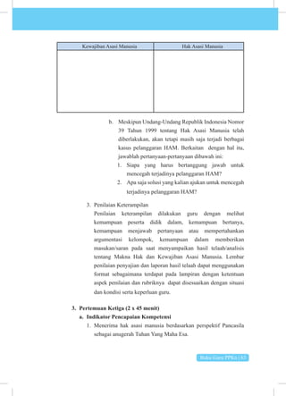 Buku Guru PPKn | 63
Kewajiban Asasi Manusia Hak Asasi Manusia
b. Meskipun Undang-Undang Republik Indonesia Nomor
39 Tahun 1999 tentang Hak Asasi Manusia telah
diberlakukan, akan tetapi masih saja terjadi berbagai
kasus pelanggaran HAM. Berkaitan dengan hal itu,
jawablah pertanyaan-pertanyaan dibawah ini:
1. Siapa yang harus bertanggung jawab untuk
mencegah terjadinya pelanggaran HAM?
2. Apa saja solusi yang kalian ajukan untuk mencegah
terjadinya pelanggaran HAM?
3. Penilaian Keterampilan
Penilaian keterampilan dilakukan guru dengan melihat
kemampuan peserta didik dalam, kemampuan bertanya,
kemampuan menjawab pertanyaan atau mempertahankan
argumentasi kelompok, kemampuan dalam memberikan
masukan/saran pada saat menyampaikan hasil telaah/analisis
tentang Makna Hak dan Kewajiban Asasi Manusia. Lembar
penilaian penyajian dan laporan hasil telaah dapat menggunakan
format sebagaimana terdapat pada lampiran dengan ketentuan
aspek penilaian dan rubriknya dapat disesuaikan dengan situasi
dan kondisi serta keperluan guru.
3. Pertemuan Ketiga (2 x 45 menit)
a. Indikator Pencapaian Kompetensi
1. Menerima hak asasi manusia berdasarkan perspektif Pancasila
sebagai anugerah Tuhan Yang Maha Esa.
 