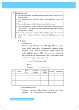 66 | Kelas XI SMA/MA/SMK/MAK
3. Kegiatan Penutup
1) Guru dan peserta didik membuat rangkuman atau simpulan kompetensi yang
telah dipelajari
2) Guru dan peserta didik melakukan refleksi terhadap kegiatan yang sudah
dilaksanakan
3) Guru memberikan umpan balik terhadap proses dan hasil belajar
4) Guru menugaskan peserta didik untuk mengerjakan proyek kewarganegaraan
“ Mari Meneliti”( lihat Buku Teks Siswa), hasil proyek akan dipresentasikan
pada pertemuan keempat.
5) Guru dan peserta didik menutup pelajaran dengan mengucapkan syukur
kepada Tuhan yang Maha Esa karena pembelajaran berlangsung aman dan
tertib.
d. Penilaian
1. Penilaian Sikap
Penilaian sikap terhadap peserta didik dapat dilakukan selama
proses belajar berlangsung. Penilaian dapat dilakukan dengan
observasi. Dalam Observasi ini misalnya dilihat aktivitas dan
tingkat perhatian peserta didik selama proses pembelajaran
berlangsung. Format penilaian sikap dapat menggunakan contoh
jurnal perkembangan sikap sebagai berikut.
Jurnal Perkembangan Sikap
			Kelas 		: ……..............…….
			 Semester : ……..............…….
No. Tanggal
Nama
Siswa
Indikator
perilaku
Catatan
Perilaku
Pos/Neg Butir Sikap
2. Penilaian Pengetahuan
Penilaian pengetahuan dalam bentuk penugasan yaitu Tugas
mandiri 1.3 dan Tugas Kelompok 1.3 sebagai berikut:
 