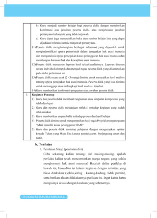 70 | Kelas XI SMA/MA/SMK/MAK
b) Guru menjadi sumber belajar bagi peserta didik dengan memberikan
konfirmasi atas jawaban peserta didik, atau menjelaskan jawaban
pertanyaan kelompok yang tidak terjawab.
c) Guru dapat juga menunjukkan buku atau sumber belajar lain yang dapat
dijadikan referensi untuk menjawab pertanyaan.
11)Peserta didik menghubungkan berbagai informasi yang diperoleh untuk
mengindentifikasi upaya pemerintah dalam penegakan hak asasi manusia
dan menganalisis upaya penegakan kasus pelanggaran hak asasi manusia dan
membangun harmoni hak dan kewajiban asasi manusia.
12)Peserta didik menyusun laporan hasil telaah/analisisnya. Laporan disusun
secara individu/kelompok dan menjadi tugas peserta didik yang dikumpulkan
pada akhir pertemuan ini.
13)Peserta didik secara acak (2 - 3 orang) diminta untuk menyajikan hasil analisis
tentang upaya penegakan hak asasi manusia. Peserta didik yang lain diminta
untuk menanggapi atau melengkapi hasil analisis tersebut.
14)Guru memberikan konfirmasi/penguatan atas jawaban peserta didik.
3. Kegiatan Penutup
1) Guru dan peserta didik membuat rangkuman atau simpulan kompetensi yang
telah dipelajari
2) Guru dan peserta didik melakukan refleksi terhadap kegiatan yang sudah
dilaksanakan
3) Guru memberikan umpan balik terhadap proses dan hasil belajar
4) PesertadidikdimintauntukmengumpulkanhasiltugasProyekkewarganegaaan
“Mari meneliti kasus pelanggaran HAM”
5) Guru dan peserta didik menutup pelajaran dengan mengucapkan syukur
kepada Tuhan yang Maha Esa karena pembelajaran berlangsung aman dan
tertib.
b. Penilaian
1. Penilaian Sikap (penilaian diri)
Coba sekarang kalian renungi diri masing-masing, apakah
perilaku kalian telah mencerminkan warga negara yang selalu
menghormati hak asasi manusia? Bacalah daftar perilaku di
bawah ini, kemudian isi kolom kegiatan dengan rutinitas yang
biasa dilakukan (selalu,sering , kadang-kadang, tidak pernah),
serta berikan alasan dilakukannya perilaku itu. Ingat kamu harus
mengisinya sesuai dengan keadaan yang sebenarnya.
 