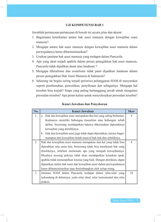 Buku Guru PPKn | 73
UJI KOMPETENSI BAB 1
Jawablah pertanyaan-pertanyaan di bawah ini secara jelas dan akurat.
1. Bagaimana keterkaitan antara hak asasi manusia dengan kewajiban asasi
manusia?.
2. Mengapa antara hak asasi manusia dengan kewajiban asasi manusia dalam
perwujudanya harus diharmonisasikan?
3. Uraikan jaminan hak asasi manusia yang terdapat dalam Pancasila.
4. Apa yang akan terjadi apabila dalam proses penegakkan hak asasi manusia,
Pancasila tidak dijadikan dasar atau landasan ?
5. Mengapa liberalisme dan sosialisme tidak patut dijadikan landasan dalam
proses penegakkan Hak Asasi Manusia di Indonesia?
6. Sekarang ini begitu sering terjadi peristiwa pelanggaran HAM di masyarakat
seperti pembunuhan, penculikan, penyiksaan dan sebagainya. Mengapa hal
tersebut bisa terjadi? Siapa yang paling bertanggung jawab untuk mengatasi
persoalan tersebut? Apa peran kalian untuk menyelesaikan persoalan tersebut?
Kunci Jawaban dan Penyekoran
No. Kunci Jawaban Skor
1. a. Hak dan kewajiban asasi merupakan dua hal yang saling berkaitan.
Keduanya memiliki hubungan kausalitas atau hubungan sebab
akibat. Seseorang mendapatkan haknya dikarenakan dipenuhinya
kewajiban yang dimilikinya.
b. Hak dan kewajiban asasi juga tidak dapat dipisahkan, karena bagai­
manapun dari kewajiban itulah muncul hak-hak dan sebaliknya.
4
2. Hak dan kewajiban asasi manusia merupakan dua hal yang tidak bisa
dipisahkan satu sama lain. Seseorang tidak bisa menikmati hak yang
dimilikinya, sebelum memenuhi apa yang menjadi kewajibannya.
Misalnya seorang pekerja tidak akan mendapatkan kenaikan upah,
apabila tidak menampilkan kinerja yang baik. Dengan demikian, dapat
dipastikan antara hak asasi dan kewajiban asasi dalam perwujudannya
harus diharmonisasikan atau diseimbangkan oleh setiap orang.
4
3. Jaminan HAM dalam Pancasila terdapat dalam nilai-nilai yang
terkandung di dalamnya, yaitu nilai ideal, nilai instrumental dan nilai
praksis.
10
 