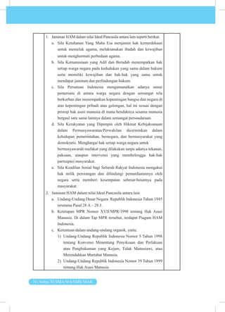 74 | Kelas XI SMA/MA/SMK/MAK
1. Jaminan HAM dalam nilai Ideal Pancasila antara lain seperti berikut.
a. Sila Ketuhanan Yang Maha Esa menjamin hak kemerdekaan
untuk memeluk agama, melaksanakan ibadah dan kewajiban
untuk menghormati perbedaan agama.
b. Sila Kemanusiaan yang Adil dan Beradab menempatkan hak
setiap warga negara pada kedudukan yang sama dalam hukum
serta memiliki kewajiban dan hak-hak yang sama untuk
mendapat jaminan dan perlindungan hukum.
c. Sila Persatuan Indonesia mengamanatkan adanya unsur
pemersatu di antara warga negara dengan semangat rela
berkorban dan menempatkan kepentingan bangsa dan negara di
atas kepentingan pribadi atau golongan, hal ini sesuai dengan
prinsip hak asasi manusia di mana hendaknya sesama manusia
bergaul satu sama lainnya dalam semangat persaudaraan.
d. Sila Kerakyatan yang Dipimpin oleh Hikmat Kebijaksanaan
dalam Permusyawaratan/Perwakilan dicerminkan dalam
kehidupan pemerintahan, bernegara, dan bermasyarakat yang
demokratis. Menghargai hak setiap warga negara untuk
bermusyawarah mufakat yang dilakukan tanpa adanya tekanan,
paksaan, ataupun intervensi yang membelenggu hak-hak
partisipasi masyarakat.
e. Sila Keadilan Sosial bagi Seluruh Rakyat Indonesia mengakui
hak milik perorangan dan dilindungi pemanfaatannya oleh
negara serta memberi kesempatan sebesar-besarnya pada
masyarakat.
2. Jaminan HAM dalam nilai Ideal Pancasila antara lain
a. Undang-Undang Dasar Negara Republik Indonesia Tahun 1945
terutama Pasal 28 A – 28 J.
b. Ketetapan MPR Nomor XVII/MPR/1998 tentang Hak Asasi
Manusia. Di dalam Tap MPR tersebut, terdapat Piagam HAM
Indonesia.
c. Ketentuan dalam undang-undang organik, yaitu:
1) Undang-Undang Republik Indonesia Nomor 5 Tahun 1998
tentang Konvensi Menentang Penyiksaan dan Perlakuan
atau Penghukuman yang Kejam, Tidak Manusiawi, atau
Merendahkan Martabat Manusia.
2) Undang-Undang Republik Indonesia Nomor 39 Tahun 1999
tentang Hak Asasi Manusia.
 