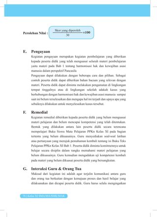 76 | Kelas XI SMA/MA/SMK/MAK
Perolehan Nilai :
Skor yang diperoleh
30
×100
			
E. Pengayaan
Kegiatan pengayaan merupakan kegiatan pembelajaran yang diberikan
kepada peserta didik yang telah menguasai seluruh materi pembelajaran
yaitu materi pada Bab 1 tentang harmonisasi hak dan kewajiban asasi
manusia dalam perspektif Pancasila
Pengayaan dapat dilakukan dengan beberapa cara dan pilihan. Sebagai
contoh peserta didik dapat diberikan bahan bacaan yang relevan dengan
materi. Peserta didik dapat diminta melakukan pengamatan di lingkungan
tempat tinggalnya atau di lingkungan sekolah adakah kasus yang
berhubungan dengan harmonisasi hak dan kewajiban asasi manusia sampai
saat ini belum terselesaikan dan mengapa hal ini terjadi dan upaya apa yang
sebaiknya dilakukan untuk menyelesaikan kasus tersebut.
F. Remedial
Kegiatan remedial diberikan kepada peserta didik yang belum menguasai
materi pelajaran dan belum mencapai kompetensi yang telah ditentukan.
Bentuk yang dilakukan antara lain peserta didik secara terencana
mempelajari Buku Siswa Mata Pelajaran PPKn Kelas XI pada bagian
tertentu yang belum dikuasainya. Guru menyediakan soal-soal latihan
atau pertanyaan yang merujuk pemahaman kembali tentang isi Buku Teks
Pelajaran PPKn Kelas XI Bab 1. Peserta didik diminta komitmennya untuk
belajar secara disiplin dalam rangka memahami materi pelajaran yang
belum dikuasainya. Guru kemudian mengadakan uji kompetensi kembali
pada materi yang belum dikuasai peserta didik yang bersangkutan.
G. Interaksi Guru & Orang Tua
Maksud dari kegiatan ini adalah agar terjalin komunikasi antara guru
dan orang tua berkaitan dengan kemajuan proses dan hasil belajar yang
dilaksanakan dan dicapai peserta didik. Guru harus selalu mengingatkan
 