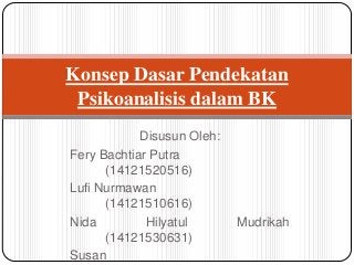 Konsep Dasar Pendekatan
Psikoanalisis dalam BK
Disusun Oleh:
Fery Bachtiar Putra
(14121520516)
Lufi Nurmawan
(14121510616)
Nida
Hilyatul
(14121530631)
Susan

Mudrikah

 