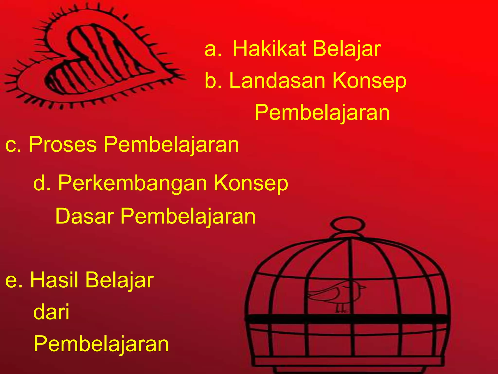 a. Hakikat Belajar
b. Landasan Konsep
Pembelajaran
c. Proses Pembelajaran
d. Perkembangan Konsep
Dasar Pembelajaran
e. Hasil Belajar
dari
Pembelajaran
 