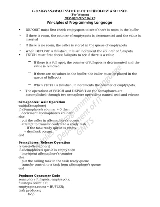 G. NARAYANAMMA INSTITUTE OF TECHNOLOGY & SCIENCE
(For Women)
DEPARTMENT OF IT
Principles of Programming Language
• DEPOSIT must first check emptyspots to see if there is room in the buffer
• If there is room, the counter of emptyspots is decremented and the value is
inserted
• If there is no room, the caller is stored in the queue of emptyspots
• When DEPOSIT is finished, it must increment the counter of fullspots
• FETCH must first check fullspots to see if there is a value
– If there is a full spot, the counter of fullspots is decremented and the
value is removed
– If there are no values in the buffer, the caller must be placed in the
queue of fullspots
– When FETCH is finished, it increments the counter of emptyspots
• The operations of FETCH and DEPOSIT on the semaphores are
accomplished through two semaphore operations named wait and release
Semaphores: Wait Operation
wait(aSemaphore)
if aSemaphore‘s counter > 0 then
decrement aSemaphore‘s counter
else
put the caller in aSemaphore‘s queue
attempt to transfer control to a ready task
-- if the task ready queue is empty,
-- deadlock occurs
end
Semaphores: Release Operation
release(aSemaphore)
if aSemaphore‘s queue is empty then
increment aSemaphore‘s counter
else
put the calling task in the task ready queue
transfer control to a task from aSemaphore‘s queue
end
Producer Consumer Code
semaphore fullspots, emptyspots;
fullstops.count = 0;
emptyspots.count = BUFLEN;
task producer;
loop
 