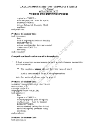 G. NARAYANAMMA INSTITUTE OF TECHNOLOGY & SCIENCE
(For Women)
DEPARTMENT OF IT
Principles of Programming Language
-- produce VALUE –-
wait (emptyspots); {wait for space}
DEPOSIT(VALUE);
release(fullspots); {increase filled}
end loop;
end producer;
Producer Consumer Code
task consumer;
loop
wait (fullspots);{wait till not empty}}
FETCH(VALUE);
release(emptyspots); {increase empty}
-- consume VALUE –-
end loop;
end consumer;
Competition Synchronization with Semaphores
• A third semaphore, named access, is used to control access (competition
synchronization)
– The counter of access will only have the values 0 and 1
– Such a semaphore is called a binary semaphore
• Note that wait and release must be atomic!
Producer Consumer Code
semaphore access, fullspots, emptyspots;
access.count = 0;
fullstops.count = 0;
emptyspots.count = BUFLEN;
task producer;
loop
-- produce VALUE –-
wait(emptyspots); {wait for space}
wait(access); {wait for access)
DEPOSIT(VALUE);
release(access); {relinquish access}
release(fullspots); {increase filled}
end loop;
end producer;
Producer Consumer Code
task consumer;
 