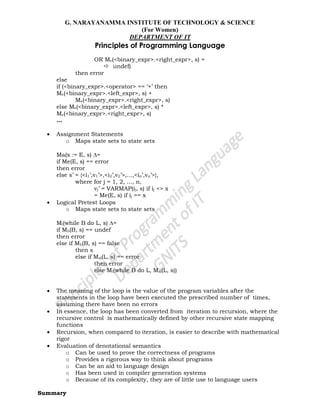 G. NARAYANAMMA INSTITUTE OF TECHNOLOGY & SCIENCE
(For Women)
DEPARTMENT OF IT
Principles of Programming Language
OR Me(<binary_expr>.<right_expr>, s) =
 undef)
then error
else
if (<binary_expr>.<operator> == ‗+‘ then
Me(<binary_expr>.<left_expr>, s) +
Me(<binary_expr>.<right_expr>, s)
else Me(<binary_expr>.<left_expr>, s) *
Me(<binary_expr>.<right_expr>, s)
...
Assignment Statements
o Maps state sets to state sets
Ma(x := E, s) =
if Me(E, s) == error
then error
else s‘ = {<i1‘,v1‘>,<i2‘,v2‘>,...,<in‘,vn‘>},
where for j = 1, 2, ..., n,
vj‘ = VARMAP(ij, s) if ij <> x
= Me(E, s) if ij == x
Logical Pretest Loops
o Maps state sets to state sets
Ml(while B do L, s) =
if Mb(B, s) == undef
then error
else if Mb(B, s) == false
then s
else if Msl(L, s) == error
then error
else Ml(while B do L, Msl(L, s))
The meaning of the loop is the value of the program variables after the
statements in the loop have been executed the prescribed number of times,
assuming there have been no errors
In essence, the loop has been converted from iteration to recursion, where the
recursive control is mathematically defined by other recursive state mapping
functions
Recursion, when compared to iteration, is easier to describe with mathematical
rigor
Evaluation of denotational semantics
o Can be used to prove the correctness of programs
o Provides a rigorous way to think about programs
o Can be an aid to language design
o Has been used in compiler generation systems
o Because of its complexity, they are of little use to language users
Summary
 