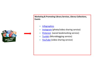 Marketing & Promoting Library Services, Library Collections,
Events
 Infographics
 Instagram (photo/video sharing service)
 Pinterest (social bookmarking service)
 Tumblr (Microblogging service)
 YouTube (video sharing service)
 
