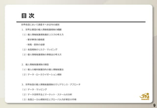 9
目 次
世界各国において調査すべき法令の選別
１．世界主要国の個人情報保護規制の概観
（１）個人情報保護規制違反リスクの考え方
・要求事項の厳格度
・制裁・罰則の金額
（２）各国規制のリスク・マッピング
（３）個人情報保護規制の準拠法の考え方
２．個人情報保護規制の類型
（１）個人の権利保護目的の個人情報保護法
（２）データ・ローカライゼーション規制
３．世界各国の個人情報保護規制のクリアランス・アプローチ
（１）データ・マッピング
（２）データ活用手法とマーケット・スケールの分析
（３）各国ローカル規制対応とグローバル方針策定の手順
 