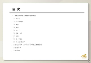 10
目 次
４．世界主要国の個人情報保護規制の解説
（１）インド
（２）シンガポール
（３）韓国
（４）香港
（５）タイ
（６）マレーシア
（７）台湾
（８）フィリピン
（９）オーストラリア
（１０）アメリカ（カリフォルニア州個人情報保護法）
（１１）ロシア
（１２）中国
 