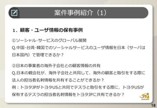18
１．顧客・ユーザ情報の保有事例
①ソーシャル･サービスのグローバル展開
Q.中国･台湾･韓国でのソーシャルサービスのユーザ情報を日本（サーバは
日本国内）で管理できるか？
②日本の事業者の海外子会社との顧客情報の共有
Q.日本の親会社が、海外子会社と共同して、海外の顧客と取引をする際に
法人の担当者名刺情報を共有することができるか？
例：トヨタJPがトヨタUSと共同でテスラと取引をする際に、トヨタUSが
保有するテスラの担当者名刺情報をトヨタJPに共有できるか？
案件事例紹介（1）
 