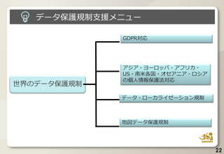 世界のデータ保護規制
GDPR対応
アジア・ヨーロッパ・アフリカ・
US・南米各国・オセアニア・ロシア
の個人情報保護法対応
データ・ローカライゼーション規制
地図データ保護規制
データ保護規制支援メニュー
22
 