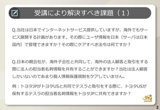 2
Q.当社は日本でインターネットサービス提供していますが、海外でもサー
ビス展開する計画があります。その際にユーザ情報を日本（サーバは日本
国内）で管理できますか？その際にケアすべき法令は何ですか？
Q.日本の親会社が、海外子会社と共同して、海外の法人顧客と取引をする
際に法人の担当者名刺情報を共有することができますか？当社は法人顧客
しかいないのであまり個人情報保護規制をケアしていません。
例：トヨタJPがトヨタUSと共同でテスラと取引をする際に、トヨタUSが
保有するテスラの担当者名刺情報をトヨタJPに共有できますか？
受講により解決すべき課題（１）
 