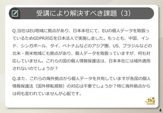 4
Q.当社はEU地域に拠点があり、日本本社にて、EUの個人データを取扱っ
ているためGDPR対応を日本法人で実施しました。もっとも、中国、イン
ド、シンガポール、タイ、ベトナムなどのアジア圏、US、ブラジルなどの
北米・南米地域にも拠点があり、個人データを取扱っていますが、何も対
応していません。これらの国の個人情報保護法は、日本本社には域外適用
されないのでしょうか？
Q.また、これらの海外拠点から個人データを共有していますが各国の個人
情報保護法（国外移転規制）の対応は不要でしょうか？特に海外拠点から
は何も言われていませんが心配です。
受講により解決すべき課題（3）
 