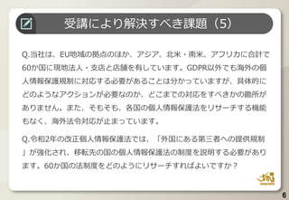 6
Q.当社は、EU地域の拠点のほか、アジア、北米・南米、アフリカに合計で
60か国に現地法人・支店と店舗を有しています。GDPR以外でも海外の個
人情報保護規制に対応する必要があることは分かっていますが、具体的に
どのようなアクションが必要なのか、どこまでの対応をすべきかの勘所が
ありません。また、そもそも、各国の個人情報保護法をリサーチする機能
もなく、海外法令対応が止まっています。
Q.令和2年の改正個人情報保護法では、「外国にある第三者への提供規制
」が強化され、移転先の国の個人情報保護法の制度を説明する必要があり
ます。60か国の法制度をどのようにリサーチすればよいですか？
受講により解決すべき課題（5）
 