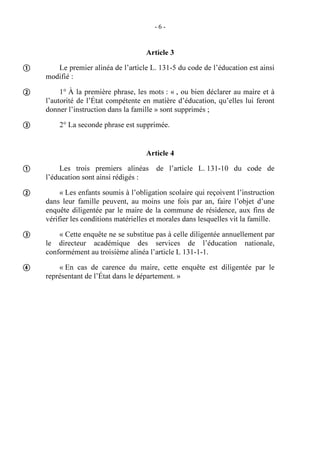-6-

Article 3



Le premier alinéa de l’article L. 131-5 du code de l’éducation est ainsi
modifié :



1° À la première phrase, les mots : « , ou bien déclarer au maire et à
l’autorité de l’État compétente en matière d’éducation, qu’elles lui feront
donner l’instruction dans la famille » sont supprimés ;



2° La seconde phrase est supprimée.

Article 4



Les trois premiers alinéas
l’éducation sont ainsi rédigés :

de l’article L. 131-10 du code de



« Les enfants soumis à l’obligation scolaire qui reçoivent l’instruction
dans leur famille peuvent, au moins une fois par an, faire l’objet d’une
enquête diligentée par le maire de la commune de résidence, aux fins de
vérifier les conditions matérielles et morales dans lesquelles vit la famille.



« Cette enquête ne se substitue pas à celle diligentée annuellement par
le directeur académique des services de l’éducation nationale,
conformément au troisième alinéa l’article L 131-1-1.



« En cas de carence du maire, cette enquête est diligentée par le
représentant de l’État dans le département. »

 
