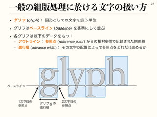 w άϦϑ	glyph
ɿਤ‫ͯ͠ͱܗ‬ͷจࣈΛѻ͏୯Ґ
w άϦϑ͸ϕʔεϥΠϯ	baseline
Λ‫ج‬४ʹͯ͠ฒͿ
w ֤άϦϑ͸ҎԼͷσʔλΛ΋ͭɿ
r Ξ΢τϥΠϯɿࢀর఺	reference point
͔Βͷ૬ର࠲ඪͰ‫ه‬࿥͞Εͨด‫ۂ‬ઢ
r ਐߦ෯	advance width
ɿͦͷจࣈͷ഑ஔʹΑͬͯࢀর఺ΛͲΕ͚ͩਐΊΔ͔
Ұൠͷ૊൛ॲཧʹԙ͚Δจࣈͷѻ͍ํ

ϕʔεϥΠϯ
จࣈ໨ͷ
ࢀর఺
จࣈ໨ͷ
ࢀর఺
άϦϑgͷ
ਐߦ෯
 