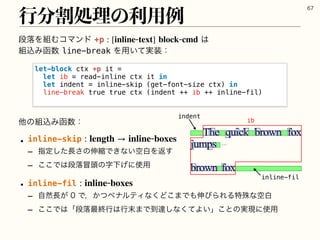 ߦ෼ׂॲཧͷར༻ྫ

ஈམΛ૊ΉίϚϯυ+p ͸
૊ࠐΈവ਺line-breakΛ༻͍࣮ͯ૷ɿ
ଞͷ૊ࠐΈവ਺ɿ
w inline-skip 
r ࢦఆͨ͠௕͞ͷ৳ॖͰ͖ͳ͍ۭനΛฦ͢
r ͜͜Ͱ͸ஈམ๯಄ͷࣈԼ͛ʹ࢖༻
w inline-fil 
r ࣗવ௕͕Ͱɼ͔ͭϖφϧςΟͳ͘Ͳ͜·Ͱ΋৳ͼΒΕΔಛघͳۭന
r ͜͜Ͱ͸ʮஈམ࠷ऴߦ͸ߦ຤·Ͱ౸ୡ͠ͳͯ͘Α͍ʯ͜ͱͷ࣮‫༻࢖ʹݱ‬
: [inlinetext] blockcmd
: length → inlineboxes
: inlineboxes
let-block ctx +p it =
let ib = read-inline ctx it in
let indent = inline-skip (get-font-size ctx) in
line-break true true ctx (indent ++ ib ++ inline-fil)
ʜ
indent
inline-fil
ib
 