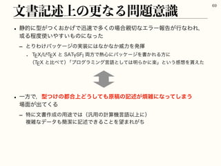 w ੩తʹ‫Ͱ͔͓͕͛ͭ͘ܕ‬ਝ଎Ͱଟ͘ͷ৔߹਌੾ͳΤϥʔใࠂ͕ߦͳΘΕɼ
҃Δఔ౓࢖͍΍͍͢΋ͷʹͳͬͨ
r ͱΓΘ͚ύοέʔδͷ࣮૷ʹ͸ͳ͔ͳ͔ҖྗΛൃ‫ش‬
w 59-
59ͱ45:4'*྆ํͰ೤৺ʹύοέʔδΛॻ͔ΕΔํʹ
ʢ59ͱൺ΂ͯʣ
ʮϓϩάϥϛϯά‫ͯ͠ͱޠݴ‬͸໌Β͔ʹָʯͱ͍͏‫ײ‬૝Λ໯͑ͨ
w ҰํͰɼ‫͚ͭܕ‬ͷ౎߹্Ͳ͏ͯ͠΋‫ߘݪ‬ͷ‫ه‬ड़͕൥ࡶʹͳͬͯ͠·͏
৔໘͕ग़ͯ͘Δ
r ಛʹจॻ࡞੒ͷ༻్Ͱ͸ʢ൚༻ͷ‫ޠݴػࢉܭ‬Ҏ্ʹʣ
ෳࡶͳσʔλ΋؆ܿʹ‫ه‬ड़Ͱ͖Δ͜ͱΛ๬·Ε͕ͪ
จॻ‫ه‬ड़্ͷߋͳΔ໰୊ҙࣝ

 