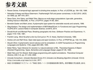 • Rowan Davies. A temporal-logic approach to binding-time analysis. In Proc. of LICS’96, pp. 184–195, 1996.
• Sebastian Erdweg and Klaus Ostermann. Featherweight TeX and parser correctness. In SLE 2010. LNCS,
vol. 6563, pp. 397–416, 2011.
• Steve Ganz, Amr Sabry, and Walid Taha. Macros as multi-stage computations: type-safe, generative,
binding macros in MacroML. In Proc. of ICFP’01, pages 74–85, 2001.
• Benedict Gaster and Mark Jones. A polymorphic type system for extensible records and variants, 1996.
• Oleg Kiselyov. The design and implementation of BER MetaOCaml. In Functional and Logic Programming.
FLOPS 2014. Lecture Notes in Computer Science, vol 8475, 2014.
• Donald Knuth and Michael Plass. Breaking paragraphs into lines. So︎ftware–Practice and Experience, 11,
pages 1119–1184, 1981.
• Franklin Liang. Word Hy-phen-a-tion by Com-put-er. Ph. D. thesis, Stanford University, 1983.
• Andres Löh and Ralf Hinze. Open data types and open functions. In Proc. of PPDP’06, pp. 133–144, 2006.
• Atsushi Ohori. A polymorphic record calculus and its compilation. In ACM Transactions on Programming
Languages and Systems, 17(6), pages 844–895, 1995.
• Didier Rémy. Type inference for records in a natural extension of ML. Theoretical Aspects of Object-
Oriented Programming. Types, Semantics and Language Design, pages 67–95, 1993.
• Walid Taha and Tim Sheard. Multi-stage programming with explicit annotations. Theoretical Computer
Science, 248 (1-2), pp. 211–242, 2000.
• Unicode Consortium. Unicode Standard Annex #14: Unicode Line Breaki︎ng Algorithm (Unicode 10.0.0).
http://unicode.org/reports/tr14/, 2017.
• W3C ೔ຊ‫ޠ‬૊൛λεΫϑΥʔεʰW3C ٕज़ϊʔτ ೔ຊ‫ޠ‬૊൛ॲཧͷཁ݅ʱ౦‫ػిژ‬େֶग़൛‫ہ‬, 2012.
ࢀߟจ‫ݙ‬

 