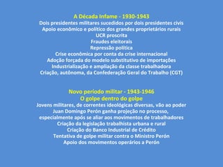 A Década Infame - 1930-1943
Dois presidentes militares sucedidos por dois presidentes civis
Apoio econômico e político dos grandes proprietários rurais
UCR proscrita
Fraudes eleitorais
Repressão política
Crise econômica por conta da crise internacional
Adoção forçada do modelo substitutivo de importações
Industrialização e ampliação da classe trabalhadora
Criação, autônoma, da Confederação Geral do Trabalho (CGT)
Novo período militar - 1943-1946
O golpe dentro do golpe
Jovens militares, de correntes ideológicas diversas, vão ao poder
Juan Domingo Perón ganha projeção no processo,
especialmente após se aliar aos movimentos de trabalhadores
Criação da legislação trabalhista urbana e rural
Criação do Banco Industrial de Crédito
Tentativa de golpe militar contra o Ministro Perón
Apoio dos movimentos operários a Perón
 