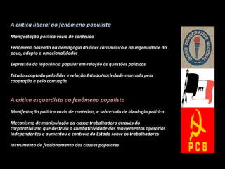 A crítica liberal ao fenômeno populista
Manifestação política vazia de conteúdo
Fenômeno baseado na demagogia do líder carismático e na ingenuidade do
povo, adepto a emocionalidades
Expressão da ingorância popular em relação às questões políticas
Estado cooptado pelo líder e relação Estado/sociedade marcada pela
cooptação e pela corrupção
A critica esquerdista ao fenômeno populista
Manifestação política vazia de conteúdo, e sobretudo de ideologia política
Mecanismo de manipulação da classe trabalhadora através do
corporativismo que destruiu a combatitividade dos moviementos operários
independentes e aumentou o controle do Estado sobre os trabalhadores
Instrumento de fracionamento das classes populares
 