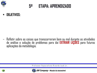 P r o f e s s o r E s p e c i a l i s t a R i c a r d o L a u b J r .
• OBJETIVOS:
– A educação e o treinamento devem ser fornecidos;
– Um sistema de definição de responsabilidade deve ser estabelecido para
verificar se os novos padrões estão sendo cumpridos;
– Refletir sobre as coisas que transcorreram bem ou mal durante as atividades
de análise e solução de problemas para daí EXTRAIR LIÇÕES para futuras
aplicações da metodologia;
– Transferir as experiências e os conhecimentos adquiridos para áreas ou
grupos com problemas semelhantes.
 