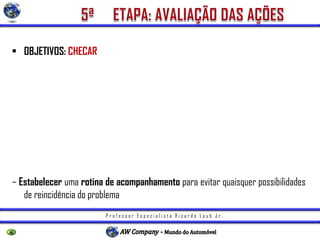 P r o f e s s o r E s p e c i a l i s t a R i c a r d o L a u b J r .
• OBJETIVOS: CHECAR
– Comparar os dados do problema (resultados indesejáveis relativos ao tema)
obtidos antes e depois da execução das ações de melhoria utilizando, sempre que
possível, o mesmo instrumento para a comparação (tabelas, gráficos, diagramas);
– Procurar converter os ganhos com a eliminação do problema em valores
monetários;
– Estabelecer uma rotina de acompanhamento para evitar quaisquer possibilidades
de reincidência do problema
 